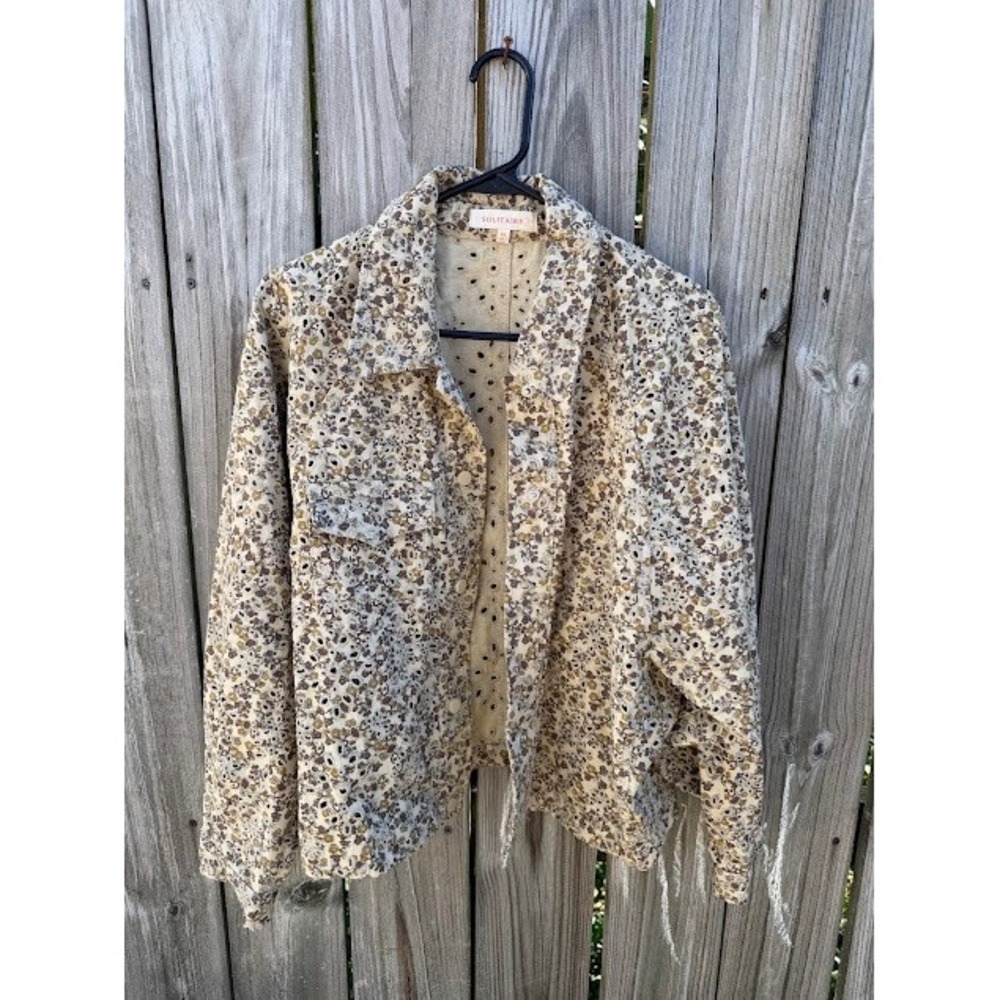 Cottagecore Boho Solitaire Eyelet Floral Jacket XL Cream Brown Button Up Shacket
